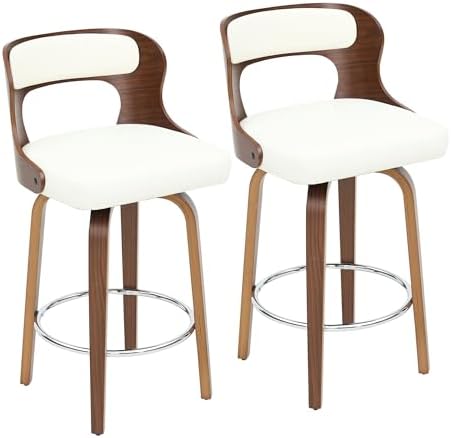 ClinQ 26" Counter Height Barstool Set of 2，Bentwood Leg and Back，White | 360° Swivel Barstool | Faux Leather Upholstered Seating | Ergonomic Backrest | Mid Century Style | Kitchen & Restaurant Use