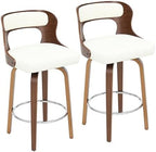 ClinQ 26" Counter Height Barstool Set of 2，Bentwood Leg and Back，White | 360° Swivel Barstool | Faux Leather Upholstered Seating | Ergonomic Backrest | Mid Century Style | Kitchen & Restaurant Use