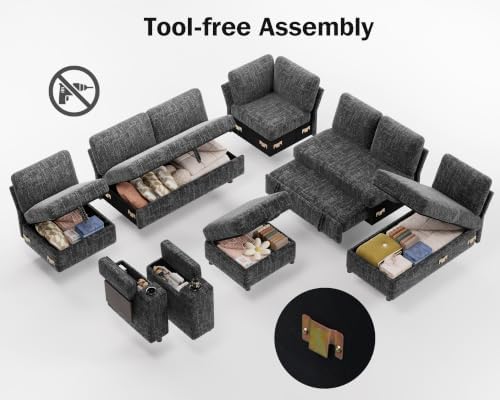 Vipbear 130" Modular Sectional Sleeper Sofa with Pull Out Bed, 9 Seat Chenille U Shaped Couch with Ottoman and Chaise|USB Ports|Cup Holders|Side Table, Tool Free Assembly, Grey