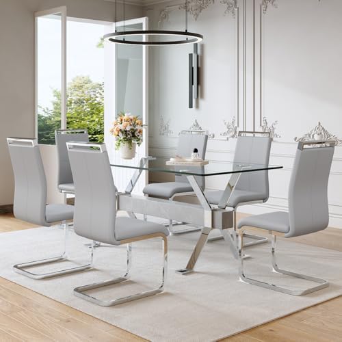 71" Glass Dining Table Set for 6｜Modern Dining Table Set for 6 with Faux Leather Chairs｜0.4" Thick Tempered Glass Tabletop｜Silver Chrome Metal Legs with Grey Crossbar｜Easy Assembly