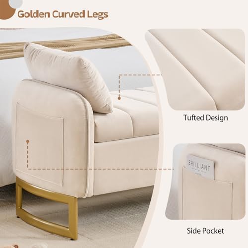 66" End of Bed Storage Bench King Size, Storage Benches for Bedroom, Beige | Velvet Foot of Bed Bech, Upholstered Storage Ottoman Benches with Golden Legs, Pillows and Side Pockets for Window, Entryway