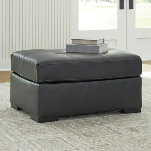 Signature Design by Ashley Brindley Pier Oversized Accent Ottoman, Fully Assembled Rectangular Tufted Footrest, Black Leather and Faux Leather Upholstery, Contemporary Living Room Seating, Fog