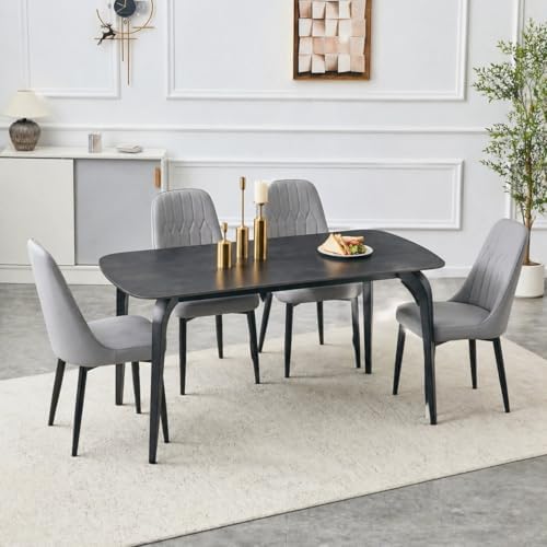 Modern Dining Table Set for 4, 63 inch Sintered Stone Kitchen Table and Chairs,Rectangular Dining Table Set of 4 with PU Leather Chair, 5 Piece Dining Room Table Set for Kitchen, Office, Apartment
