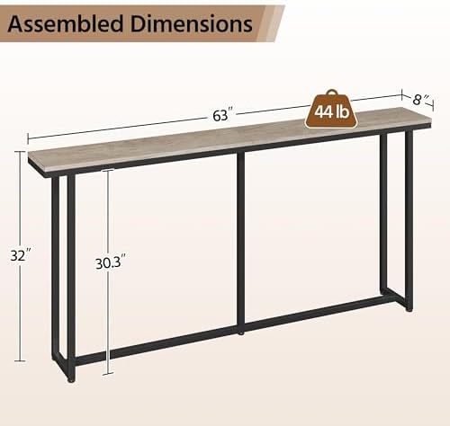 Yaheetech 63" Narrow Console Table Behind Couch & Entryway, Gray | Slim Sofa & Hallway Table, Metal Frame, Engineered Wood Top, Holds Lamps & Plants, Wall Anchors & Adjustable Feet, Easy Setup