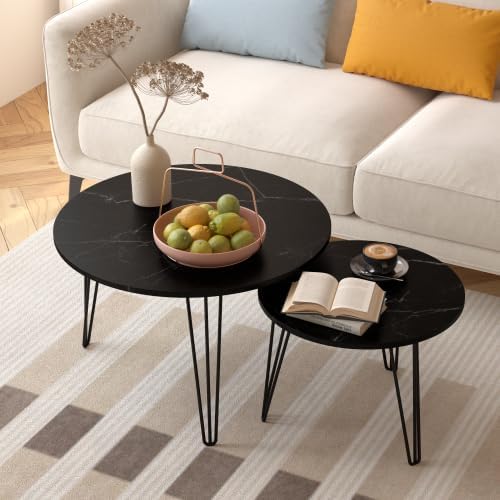 2 Piece Nesting Round Side Tables, Faux Marble Surface Nesting Coffee Table | Stackable Round Nesting Tables, Faux Marble Nesting Side Table Set, Metal Frame Coffee End Tables for Living Room Bedroom