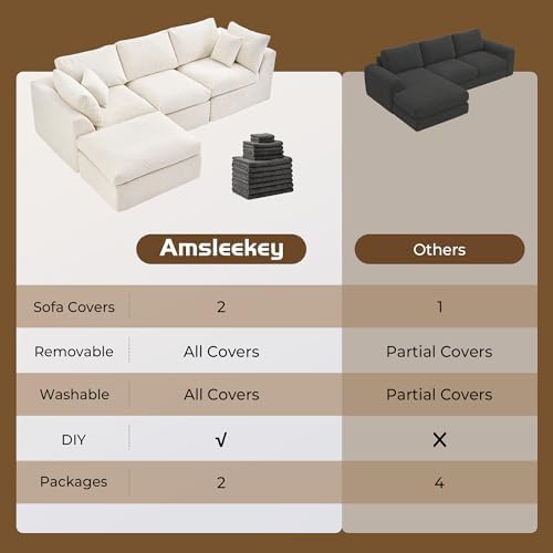 Amsleekey 108" Cloud Sectional Couch with 2 Washable Cover Sets | L-Shaped Modular Sofa with Ottoman, Deep Seat Couch for living room, DIY Covers in White and Gray