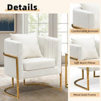 Velvet Accent Chairs Set of 2, Mid Century Modern Upholstered Barrel Armchair with Pillow for Living Room, Comfy Single Club Chair with Metal Gold Legs for Bedroom, White