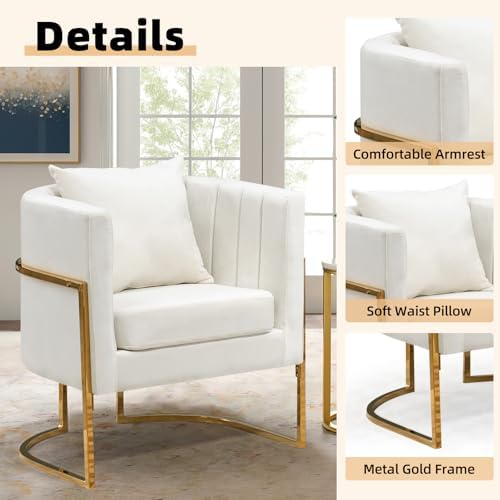 Velvet Accent Chairs Set of 2, Mid Century Modern Upholstered Barrel Armchair with Pillow for Living Room, Comfy Single Club Chair with Metal Gold Legs for Bedroom, White