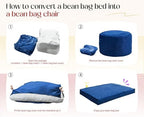 Hobestluk Adults Bean Bag Chairs Convertible 3 in 1 Large BeanBag Couch | Velvet,3 IN 1 Design,Memory Foam Filling,Portable Handle,Comfy Sofa Couch Lounger for Living Room Bedroom | Blue FULL Size