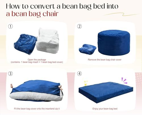 Hobestluk Adults Bean Bag Chairs Convertible 3 in 1 Large BeanBag Couch | Velvet,3 IN 1 Design,Memory Foam Filling,Portable Handle,Comfy Sofa Couch Lounger for Living Room Bedroom | Blue FULL Size