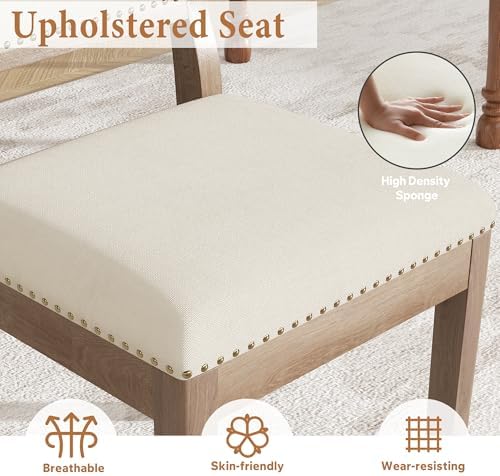Dining Chair Set of 6, Mid Century Modern Upholstered Dining Room Chairs, Fabric High Back Kitchen Chairs with Nailhead Trim and Wood Legs for Living Room Kitchen Restaurant, Beige
