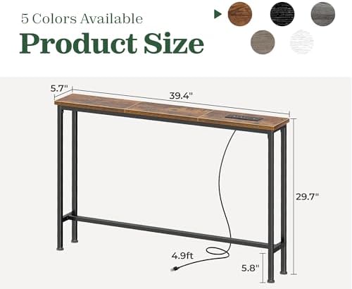SUPERJARE 39.4 inch Narrow Behind Couch Table with Charging Stations | Power Outlet with USB-C Ports, Extra Storage Behind Sofa,Sofa Table Console Table for Entryway Living room, Rustic Brown