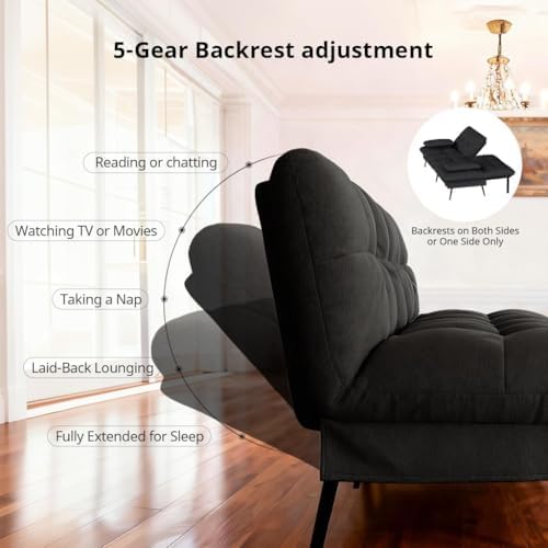COMHOMA 72″ Convertible Futon Sofa Bed, Adjustable Backrest, Black | Breathable Fabric Futon Couch with Pillows,Multi-angle Ergonomic Reclining,Space-saving Sleeper Sofa for Living Room
