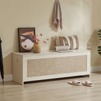 51.2" Storage Chest Large,Wooden Rattan Storage Bench.(White Cream) | Storage trunk with 2 Safety Hinges, 51.2x15.7x18.3 Inch, Easy Assembly, Storage bench For Bedroom, Living Room, Entryway