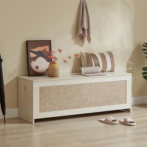 51.2" Storage Chest Large,Wooden Rattan Storage Bench.(White Cream) | Storage trunk with 2 Safety Hinges, 51.2x15.7x18.3 Inch, Easy Assembly, Storage bench For Bedroom, Living Room, Entryway