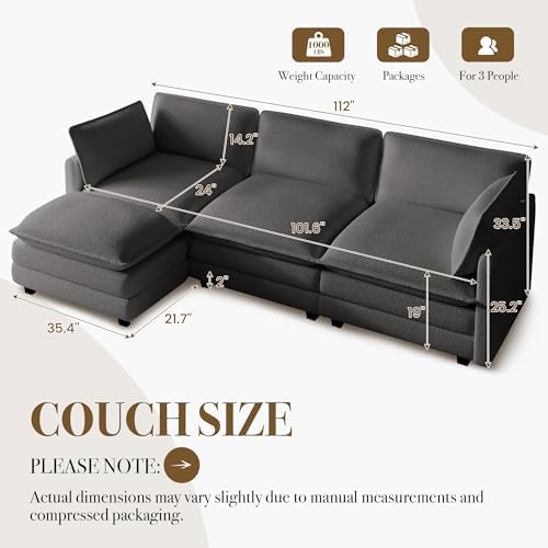 ROWHY 112'' Modular Sectional Cloud Couch with Movable Ottoman, 4 Seat Modern Chenille Sofa, Deep Seat L Shaped Couch for Living Room Bedroom Apartment, Grey | Sturdy Frame