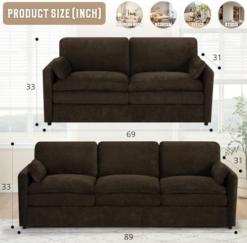 Comfy Chenille Sofa Set with Well-Filled Pillows, Brown | Modern 3 Seater & Loveseat Sofa w/Upholstered Cushions, 2 Pieces Sectional Couch w/Soft & Thickened Seats for Living Room
