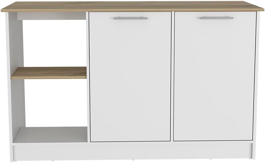Kitchen Island with Four Open Shelves and Two Cabinets | Multicolor design with light oak and white finish