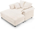 VINGLI 56" Oversized Chaise Lounge Chair, Beige Comfy Corduroy Chaise Sofa Recliner Bed Upholstered Sleeper Couch Bed with Throw Pillows and Armrests for Living Room, Movie Room, Bedroom
