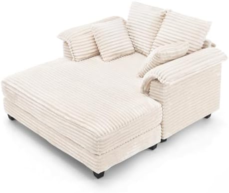 VINGLI 56" Oversized Chaise Lounge Chair, Beige Comfy Corduroy Chaise Sofa Recliner Bed Upholstered Sleeper Couch Bed with Throw Pillows and Armrests for Living Room, Movie Room, Bedroom