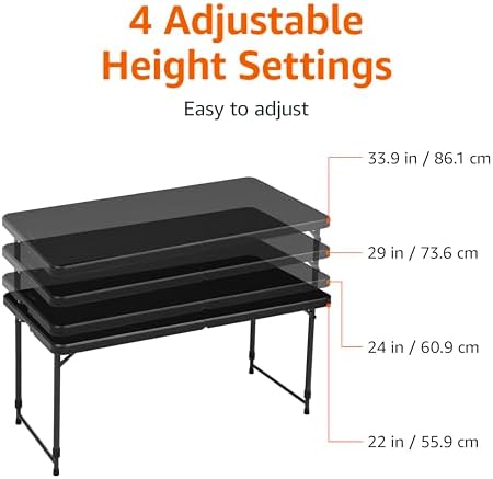 Amazon Basics Portable 4 Ft Rectangular Folding Dining Table, 4 Adjustable Height Settings, Space Saving Fold-in-Half Design and Carrying Handle, Indoor & Outdoor, Washed Black, 47.8 x 23.9 x 33.9 in