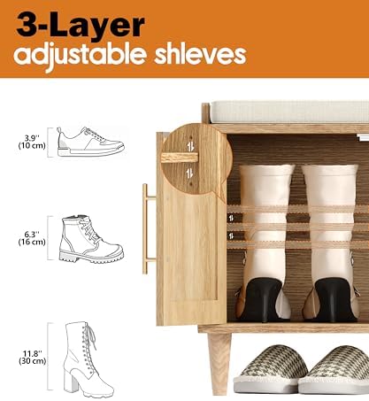 Akxomel 39.4" Rattan Shoe Storage Bench 2 Doors Wooden Entryway Bench Oak | 2 Tier Shoe Bench with Padded Cushion, Adjustable Shelves and 2 Doors, Solid Wood Legs, for Hallway, Living Room, Bedroom