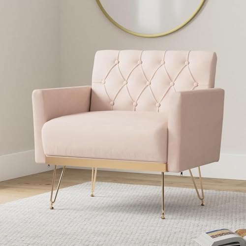 Olela Accent Chair with Arm for Living Room, Velvet Modern Armchair, Pink | Single Sofa Cozy Tufted Upholstered Reading Side Chairs with Gold Metal Leg for Bedroom Decorate