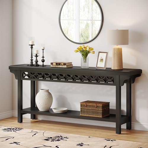 Tribesigns 70.8-Inch Solid Wood Long Console Table, Farmhouse Entryway Table with Storage, Narrow Sofa Table Grey Couch Table for Living Room Entryway Hallway (Black)
