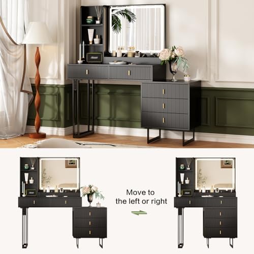 Large Vanity Desk with 3 Color Touch Screen Dimming Mirror, Vanity Desk with Charging Station, Modern Retractable Makeup Dressing Table, Makeup Table With storage shelves and 5 Sliding Drawers, Black