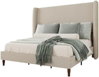 Jocisland King Bed Frame Linen Upholstered Wingback Headboard, Brown