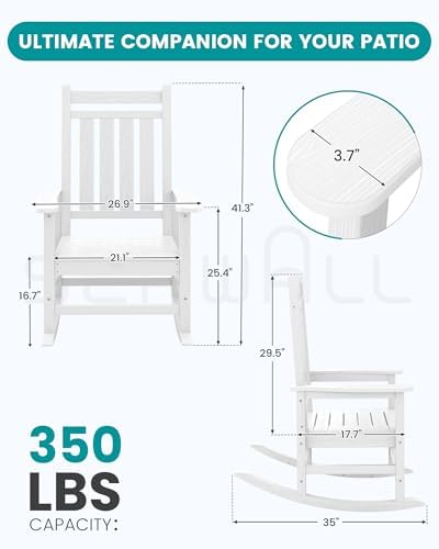 SERWALL Outdoor Rocking Chair Set of 2, Adult HDPE Rocking Chair, White | 21.1" Widened Seat adds Extra Comfort, Oversized Rocking Chair for Adults, All Weather Porch Rocker for Lawn Garden
