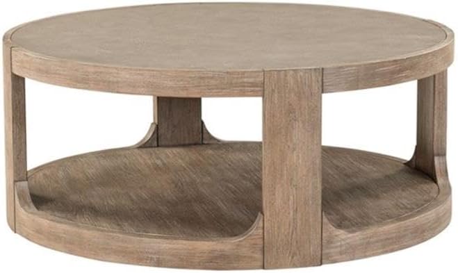 Pemberly Row 3 Piece Set, Round Rubberwood Cocktail Table with Faux Concrete Insert and 2 End Tables, Burnished Beige Finish, Satin Pewter Hardware, Storage Drawer, Living Room Furniture