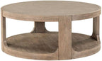 Pemberly Row 3 Piece Set, Round Rubberwood Cocktail Table with Faux Concrete Insert and 2 End Tables, Burnished Beige Finish, Satin Pewter Hardware, Storage Drawer, Living Room Furniture