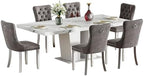 Henf 7 Pieces Faux Marble Dining Table Set for 6, 63"-79" Extendable Dining Room Table and 6 Grey Tufted Chairs Set for 6, Modern Large Expandable Kitchen Table with White Double Columns Base
