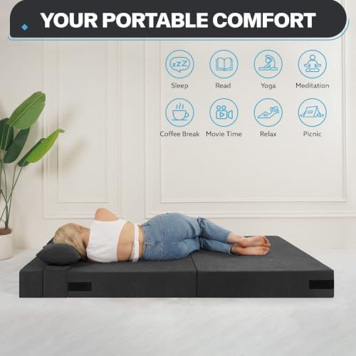 Fvkind Folding Futon Couch, Convertible Sleeper, Standard Size, Dark Grey | Ribbed Corduroy Fabric - Foldable Guest Bed - Bedroom & Living Room - Adults & Visitors - Easy Fold Storage