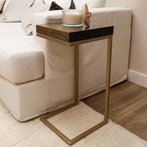 Urbandi C Shape Rustic Side Table for Living Room Couch Tray, Nightstand for Bedroom, End Table, Made in USA from Solid Pine Wood and Strong Metal Base, Comes Fully Assembled (Gold/Jacobean)