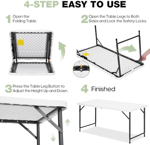 4ft Folding Table with Adjustable Height, 2-Level Foldable Table with HDPE Top & Steel Legs, Portable 4 Foot Folding Table for Picnic, Party, Craft, Indoor Outdoor Use, White
