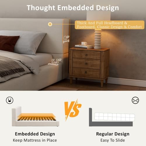 Merax King Size Bed Frame, 95" L x 88" W Upholstered Platform Bed with 8" Thick Linen Headboard & Footboard, Sturdy Wood Slat Support, No Box Spring Needed, Easy Assembly, Beige