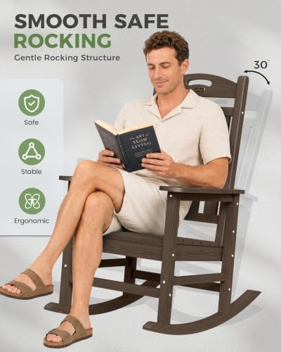 Outdoor Rocking Chair, HDPE Patio Rocking Chair, All Weather,Brown | Relax in Gentle Rock,Create Comfort Everywhere,Enjoy Your Me Time,Withstand Changing Seasons,Wood Look with Low Maintenance