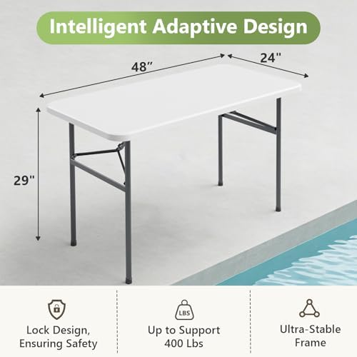 4ft Folding Table 2 Pack, Heavy Duty Plastic Card Table with Foldable Steel Legs, Metal Frame Support up to 400 lb, Portable for Indoor, Outdoor, Picnic, Camping, Dining, Party, White