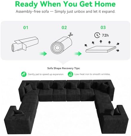 MONVANE Oversized Sectional Couch 12-Seat, Chenille, Black | Sectional Couch for Living Room, Modular Cloud Sofa with Ottoman & 12 Throw Pillows, No Assembly Required