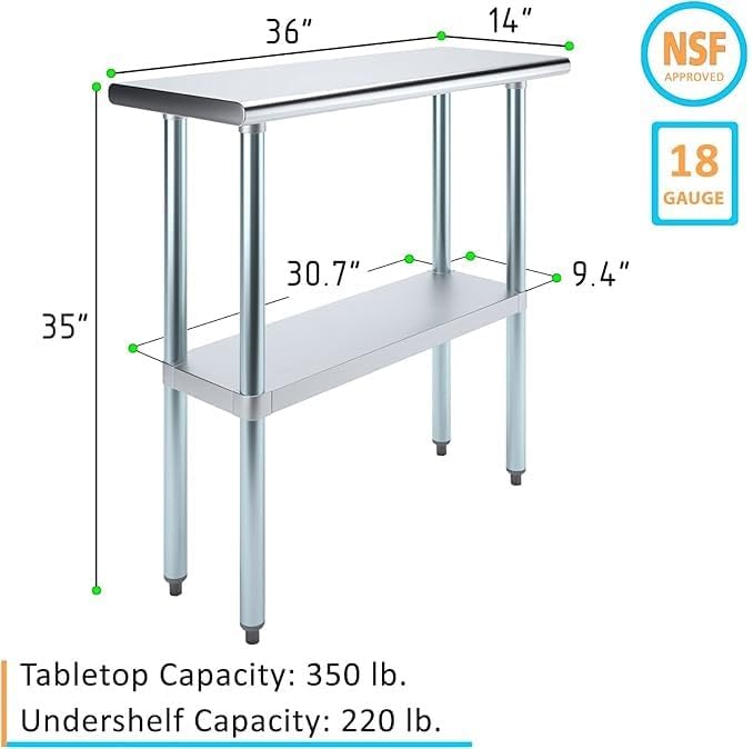 14" x 36" Stainless Steel Prep Table – NSF Certified Heavy Duty Work Table for Home & Commercial Use – Galvanized Undershelf & Legs