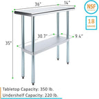 14" x 36" Stainless Steel Prep Table – NSF Certified Heavy Duty Work Table for Home & Commercial Use – Galvanized Undershelf & Legs