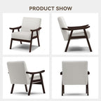 COMHOMA Accent Chair, Mid Century Modern Chair with Solid Wood Armrest, Comfy Upholstered Reading Armchair for Living Room, Bedroom, Balcony (Brown Curved Armrests, Beige)