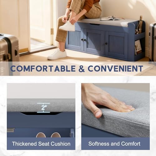 42.6" Storage Bench - Shoe Storage Bench with Side Storage Shelves and 3 Doors, Multifunctional Entryway Bench with Lift Top Cushion, Shoe Bench for Bedroom, Living Room, Entryway, Navy Blue