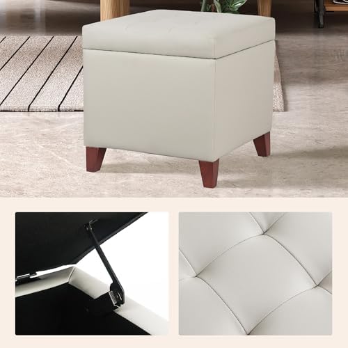Leather Ottoman with Storage Beige-Grey Square Storage Ottoman | 18" Square Tufted Footstool Cube with Hinged Lid Upholstered Foot Rest Stool for Living Room, Bedroom & Entryway
