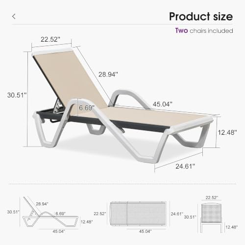 PURPLE LEAF Lounge Chair Outdoor Set of 2 w/Armrest & 1 Table, Khaki | Easy Assembly, Rustproof, A matching side table keeps cold drinks, phones, and sunglasses within easy reach while lounging