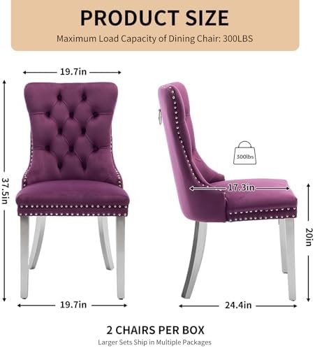 Velvet Dining Chairs Set of 4, Tufted Upholstered High Wingback Chairs with Nailhead Trim & Pull Ring, Silver Stainless Steel Legs for Dining Room, Sillas de Comedor, Purple