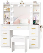 ANWBROAD 9-Drawer Makeup Vanity Desk with Mirror and Lights, White | Vanity Table with Cushioned Stool, 3 Colors Lights, Power Outlet, 6 Open Shelves, 5 Hooks Dressing Table for Girls Women
