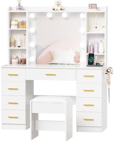 ANWBROAD 9-Drawer Makeup Vanity Desk with Mirror and Lights, White | Vanity Table with Cushioned Stool, 3 Colors Lights, Power Outlet, 6 Open Shelves, 5 Hooks Dressing Table for Girls Women